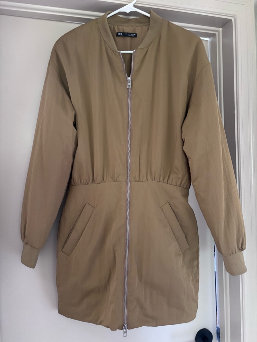 Zara Olive-Tan Long Bomber Jacket